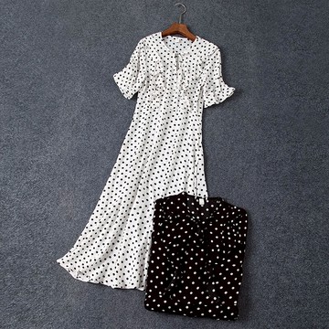 法式復古波點裙 系帶圓領高腰顯瘦中長款連衣裙1入