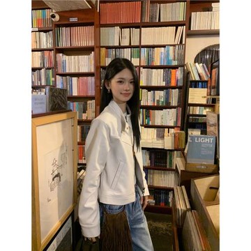 法式立領白色皮衣外套女秋季新款設計感韓版寬松休閑短款夾克上衣