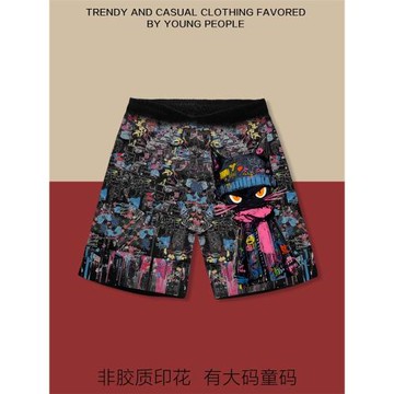 美式涂鴉貓多巴胺短褲男女印花卡通夏季寬松休閑沙灘褲大碼五分褲