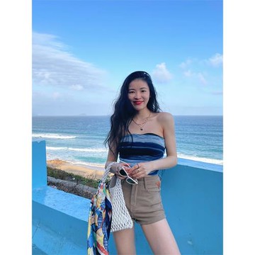 馮老板 度假風藍色無肩帶性感抹胸夏季海邊辣妹外穿裹胸上衣三亞