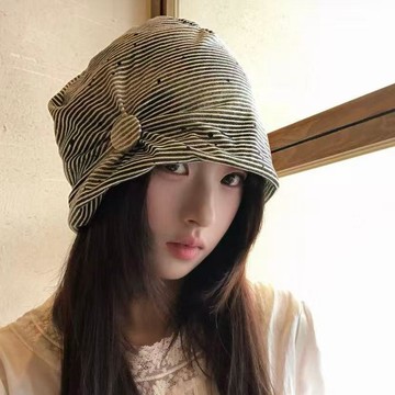 【包頭堆堆帽】 復古堆堆帽 條紋堆堆帽 鈕釦堆堆帽 褶皺堆堆帽 包頭帽 套頭帽 大頭圍帽子 女生堆堆帽 春夏堆堆帽