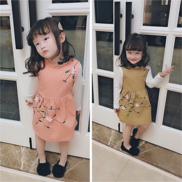 童裝春秋中小童新款女寶寶背心裙 長袖T恤兩件套秋裝連衣裙子1入
