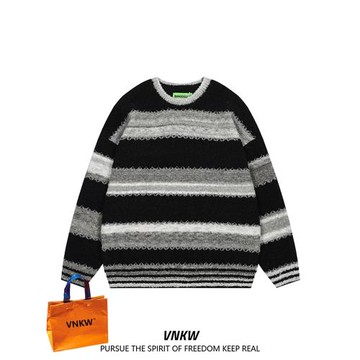 美式條紋扎染圓領針織衫男女秋冬潮牌oversize設計感情侶加厚毛衣