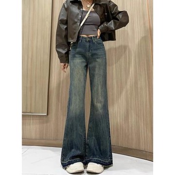 大碼高腰微喇闊腿牛仔褲大碼女胖mm遮胯顯瘦褲子春秋復古牛仔褲