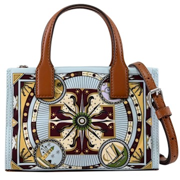 TORY BURCH ELLA 復古圖騰尼龍迷你手提斜背兩用包(藍)