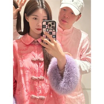 春秋新款沈夢辰明星同款唐裝粉色寬松盤扣上衣新中式中國風外套女