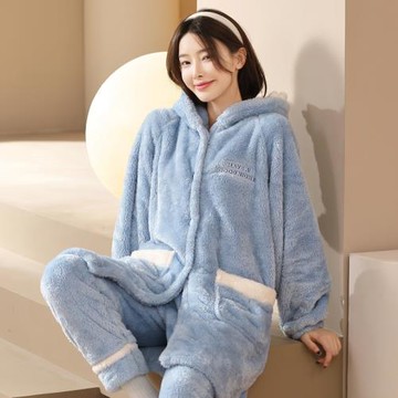 秋冬季睡衣女款珊瑚絨加厚法蘭絨長款睡袍可愛外穿學生家居服套裝