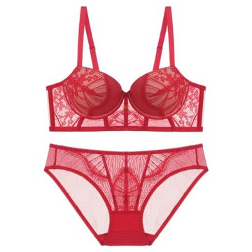 歐美性感蕾絲內衣套裝女顯胸大側收副乳上托文胸罩聚攏本命年紅色