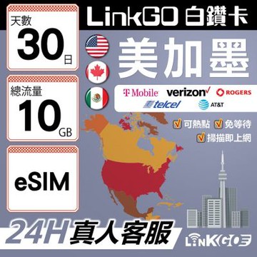 【LinkGO】白鑽卡 美加墨 eSIM卡 30天上網卡 總流量10GB 高速流量(美國 加拿大 墨西哥)