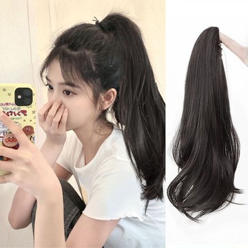 KEKE💗馬尾假髮 長髮抓夾微捲馬尾 自然逼真網紅綁帶仿真全真人髮假辮子 透氣 逼真 新款 輕薄 修顔 無痕 遮白髮