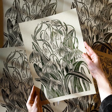 綠色油氈版畫雪花蓮花原創藝術品春季牆藝術裝飾