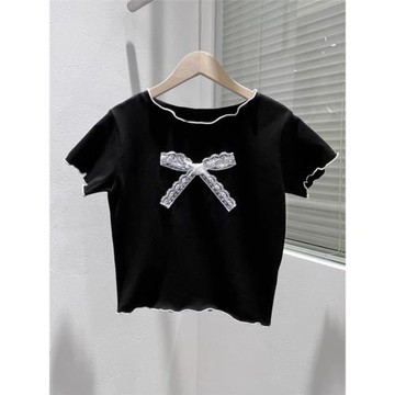 韓國東大門2025春夏新款時尚蕾絲蝴蝶結木耳邊短袖T恤女百搭上衣