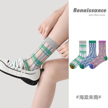 Renaissance夏季薄款女襪新中式條紋網眼透氣襪子女花邊襪ins潮