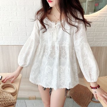 娃娃衫上衣春夏蓬蓬韓版甜美洋氣a字系帶燈籠袖繡花襯衫女七分袖