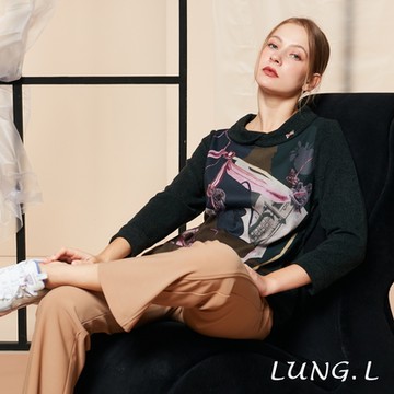 LUNG.L林佳樺 綠色針織拼接時尚印花磨毛長袖女裝上衣LR23A