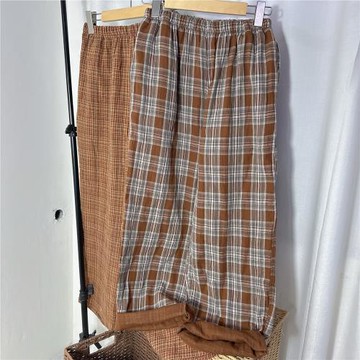 純棉春夏新款雙層紗布格子松緊腰直筒寬松休閑褲女長褲家居睡褲