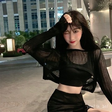 【臺灣出貨】🍋氣質寬鬆設計感防曬衣長袖針織衫女薄款辣妹短款鏤空罩衫外套上衣