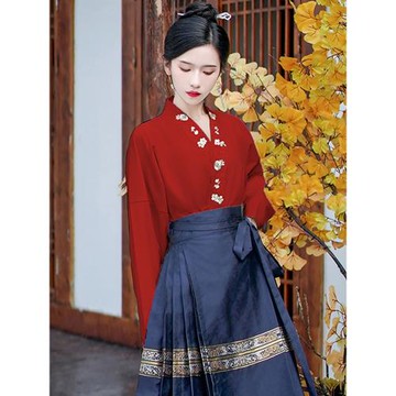 搭配馬面裙的上衣長袖新中式襯衣女秋季明制漢服交領飛機袖襯衫