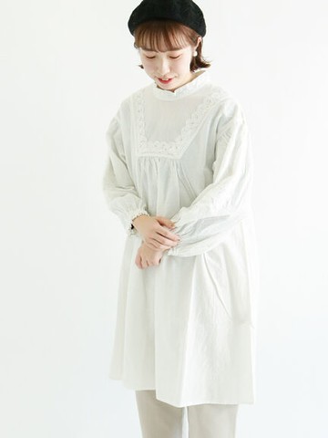 棉麻混紡蕾絲拼接長袖洋裝(FL21L0G0180) - Samansa Mos2