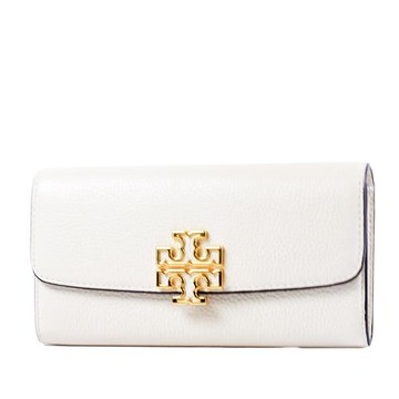 TORY BURCH BRITTEN 鏤空LOGO荔枝紋磁釦翻蓋長夾-象牙白