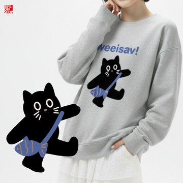 台灣製│ 背著小魚乾的貓粗針大學T 簡約趣味寵物情侶衛衣 寬鬆落肩文藝款
