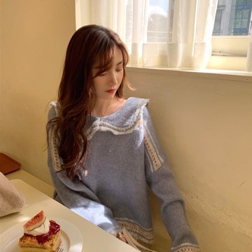 秋裝溫柔氣質長袖針織衫女學生軟奶藍毛衣寬松顯瘦翻領上衣潮1入