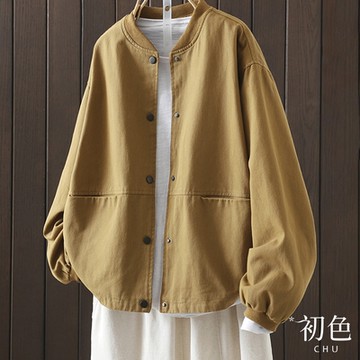 初色 純色防風單排釦休閒立領長袖夾克棒球服外套女外套-共4色-39080(M-2XL可選)