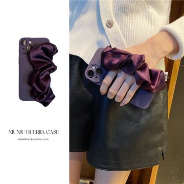 高級紫色個性彈力褶皺腕帶適用iphone14promax手機殼15蘋果13防摔12松緊絲綢17大腸圈帶11軟膠x新款16女8plus