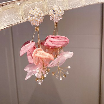 925銀針耳環女鑲鉆珍珠水晶布藝花朵耳墜網紅時尚耳飾