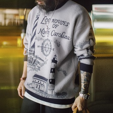 馬登工裝 美式灰色圓領套頭毛衣軟糯保暖加厚慵懶風寬鬆外套男秋冬