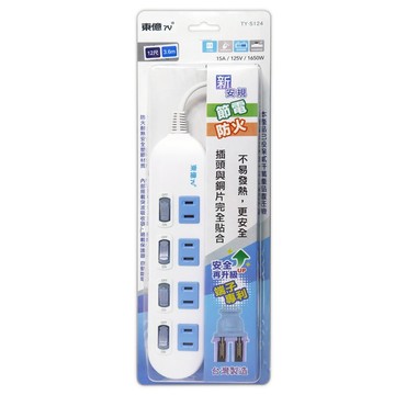 東億 TY-S124 2P 4開4插 15A/125V/1650W  1.8m  延長線 白色  1條
