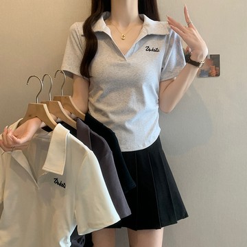 💕甜心大尺碼💕大尺碼T恤 精棉210g大碼polo領褶皺收腰短袖T恤夏季胖MM刺繡顯瘦上衣