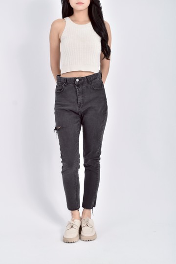 (M) project salt韓牌高腰質感丹寧牛仔棉質純棉破洞黑色長褲