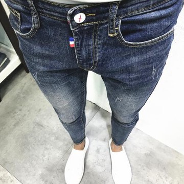原創 潮男夏新韓修身做舊貓須藍九分小腳牛仔褲社會小伙網紅快手