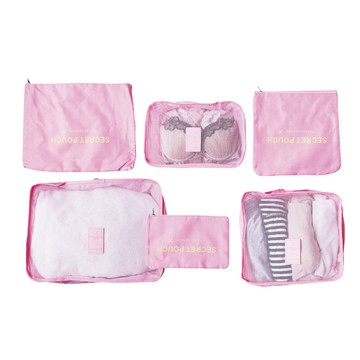 Travel Season 生活良品-韓版旅行收納袋6件組1入/袋-淺粉款(行李箱包中包,衣物鞋子收納包,化妝包分類袋,內衣褲網包)