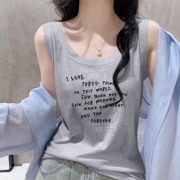 字母印花圓領大碼T恤衫女士夏季薄款顯瘦上衣無袖背心 女生背心 背心女 無袖上衣 吊帶背心