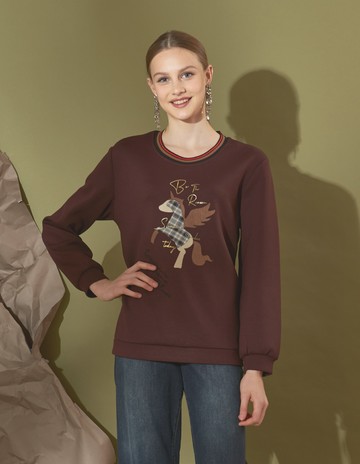 ★【喜芝梅】咖啡幻想 獨角獸圖案條紋圓領上衣(咖啡色；M-XL) 224470920