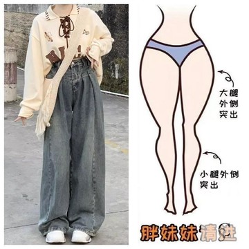 【XL-8XL大尺碼】👩牛仔褲 闊腿 直筒牛仔 喇叭拖地褲顯瘦褶皺闊腿牛仔褲女高腰寬鬆百搭韓版時尚設計感胖人顯瘦褲子