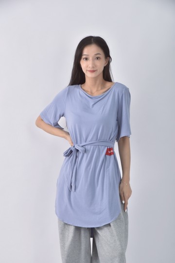 (S) sbafee質感圓領藍色綁帶洋裝