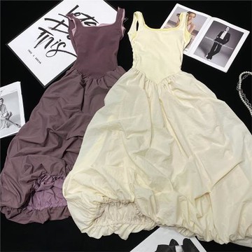 CCA自制法式復古帶胸墊露背連衣裙假兩件撞色背心裙蓬蓬裙長裙女