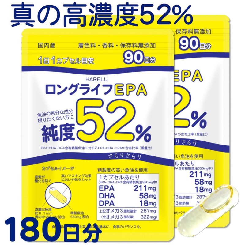 EPA サプリメント 90日分×2袋 計180日分 DHA DPA EPA 52% 国産 オメガ3脂肪酸 エイコサペンタエン酸 ドコサヘキサエン酸  高純度 epa dha ロングライフEPA 通販 LINEポイント最大1.0%GET | LINEショッピング