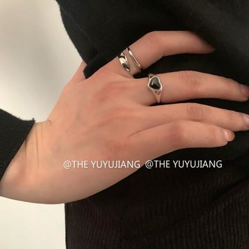 UU通體s925純銀暗黑風黑色愛心滴膠戒指雙層不規則幾何食指開口戒
