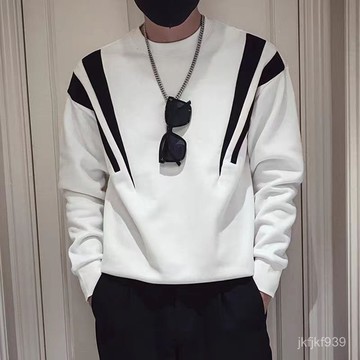 休閒長袖T恤  圓領長T 大學T 打底衫 大學T恤 修身 黑白拚色棉質衛衣男裝秋冬新款外套潮牌加絨加厚長袖打底衫上衣男