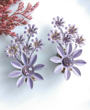 Vintage Jewelry  琺瑯花 淡紫花卉 大耳環 夾式耳環