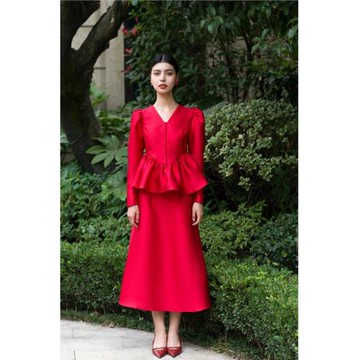 Note of love法式復古小眾酒紅色泡泡袖收腰氣質顯瘦敬酒服套裝女