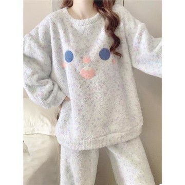 半邊絨睡衣女款2026新款冬季加厚珊瑚絨笑臉甜美秋冬天家居服套裝