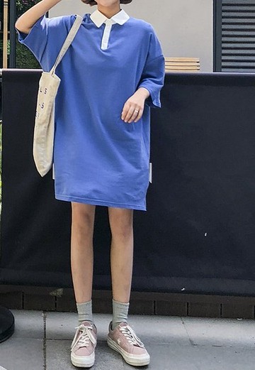FINDSENSE H1 2018 韓國 夏季 清新 POLO領 中長款  女 T恤 原宿寬松 短袖 半袖上衣 潮