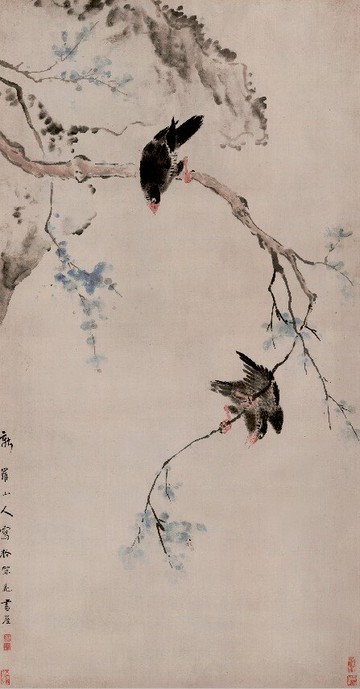 仿古畫 復制 畫心 絹本 清 華巖 設色鴝鵒雙棲圖 60-111厘米 裝飾