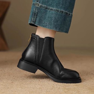 手工復古低跟小短靴女2025新款春秋平底真皮圓頭切爾西厚底及踝靴