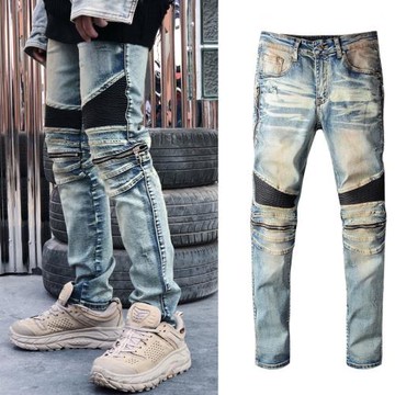 高街膝蓋拉鏈修身小腳長褲男biker機車褲2025新款拼料復古牛仔褲